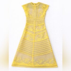 Elegant Yellow Lace Midi Dress – Sheer Floral Bodycon Party Dress
